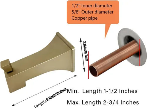 Vista 2 de Boquilla cuadrada de ducha extra larga con desviador de dominadas para tubo de cobre de 1/2 pulgada, oro cepillado