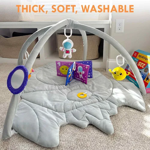 Vista 6 de QUOKKA Baby Play Gym XL - Alfombra de juego para bebé en forma de cohete con 6 juguetes sensoriales grandes, tapete para el desarrollo del bebé