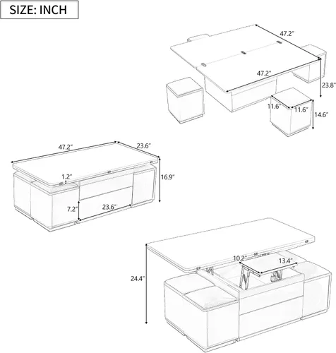 Vista 2 de Mesa auxiliar elevable con 4 taburetes de almacenamiento, moderna mesa central de ahorro de espacio con parte superior plegable, mesa de centro