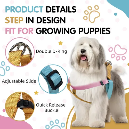 Vista 4 de Arnés de perro ajustable tricolor para perros pequeños y XS - Arnés resistente y fácil de caminar para cachorros, azul y rosa