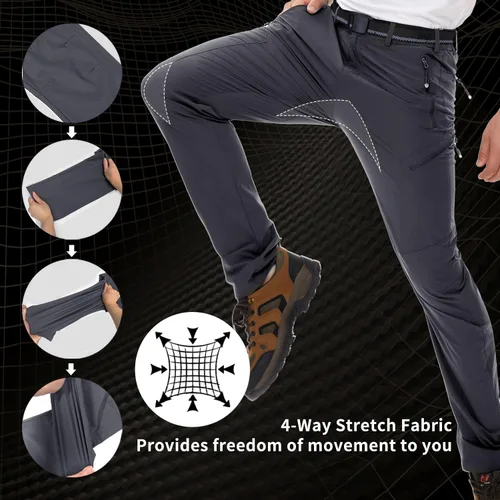 Vista 3 de NOUKOW Pantalones de senderismo para hombre, de secado rápido, ligeros, impermeables, elásticos, 6 bolsillos con cremallera y cinturón