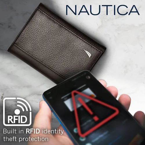 Vista 47 de Nautica Men's Trifold Wallet RFID Blocking Protection ID Window Card Slots Genuine Leather Durable