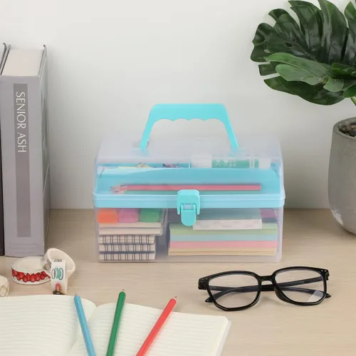 Vista 2 de BTSKY Contenedores de almacenamiento de plástico multiusos para manualidades con bandeja extraíble, caja de almacenamiento de plástico transparente