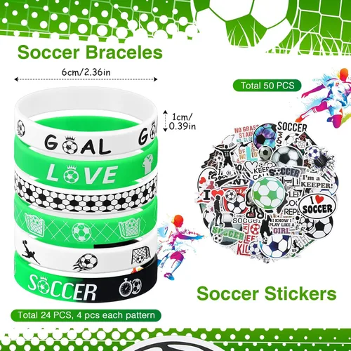 Vista 2 de Aoriher Juego de 194 piezas de recuerdos de fiesta de fútbol – Pulseras de silicona, mini pelotas hinchables de fútbol, llaveros de juguete, bolsas