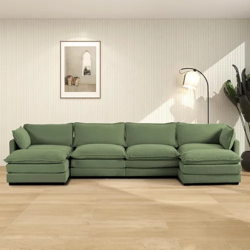 Vista 7 de ROWHY Sillón individual con otomano, sofá moderno de corduroy en forma de nube con chaise convertible, sofá tapizado para sala de estar, beige