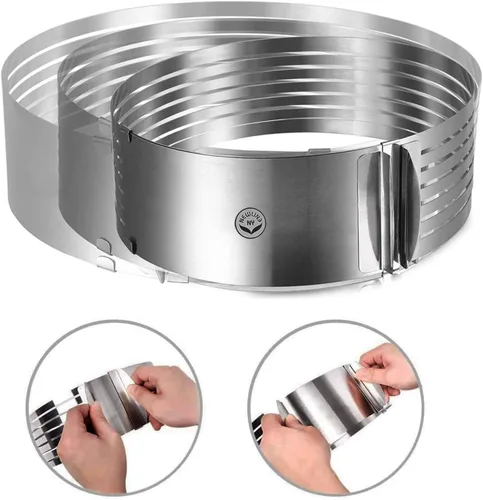 Vista 4 de Anillos de acero inoxidable para tartas, 2 piezas, rebanador de tartas, ajustable, multicapa, moldeo circular, formando anillos redondos