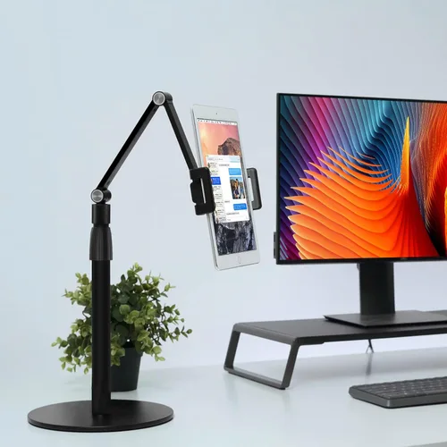 Vista 7 de Viozon Soporte superior para teléfono tableta, altura y ángulo de 360 grados ajustable, soporte de escritorio de aluminio, compatible con teléfono