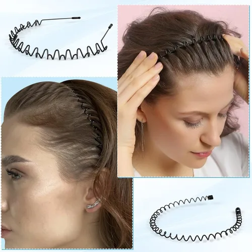 Vista 4 de 6 unidades de diademas de metal, muelle ondulado, unisex, color negro, antideslizante, para peinado liso, diadema deportiva para mujeres y hombres