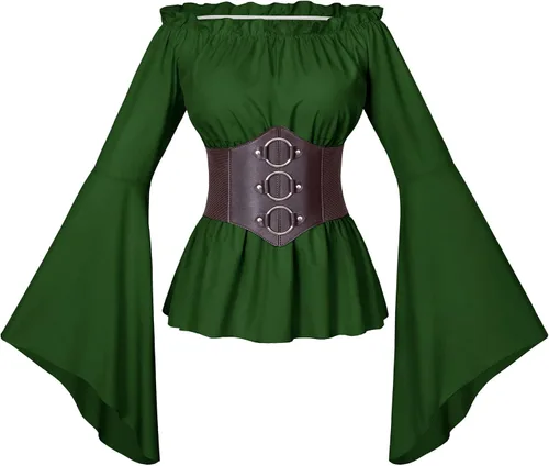 Vista 3 de Conjunto de blusa estilo renacentista victoriana campesina con volantes y cintura fruncida estilo bohemio pirata con cinturón