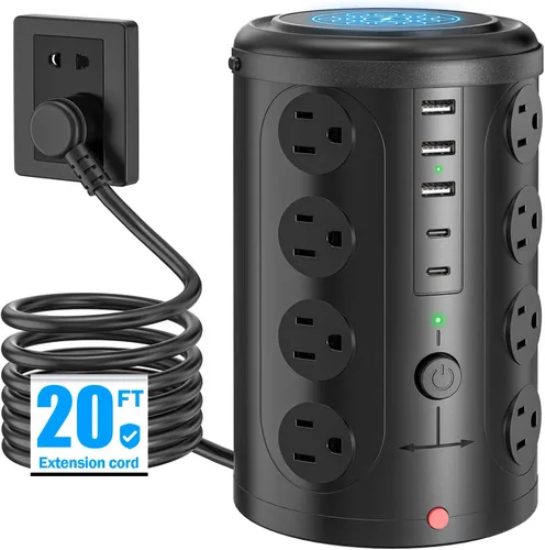 Vista 15 de Regleta de alimentación con protector de sobretensiones de torre (16 salidas de CA + 5 puertos USB incluyendo 2 tipos C), cable de extensión de 5