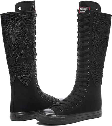 Vista 3 de Momuk Botas de lona de moda para niñas hasta la rodilla, Negro