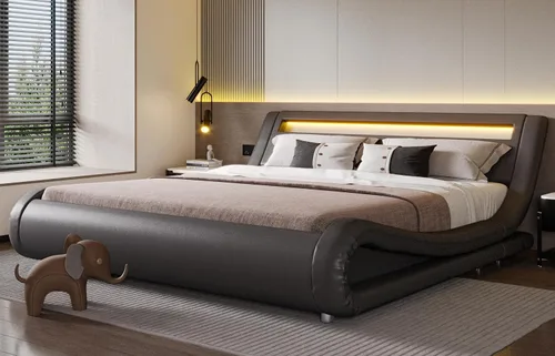 Vista 8 de SHA CERLIN - Marco de cama de tamaño matrimonial con cabecera LED tapizada moderna, color negro Low Profile Sleigh Design, Adjustable Headboard