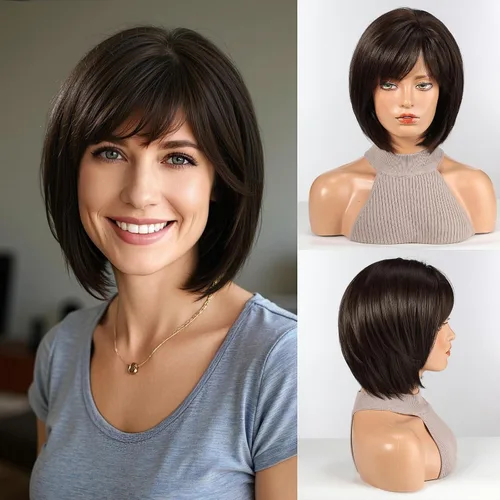 Vista 7 de HAIRCUBE Pelucas estilo Bob hasta el hombro para mujer con raya lateral