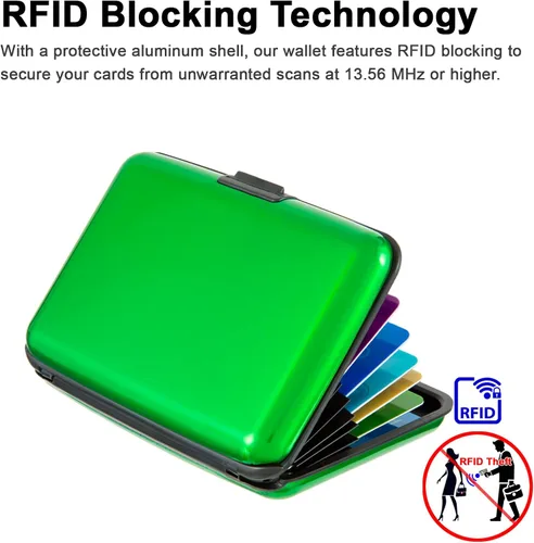 Vista 29 de Soporte para tarjetas de crédito, cartera metálica con bloqueo RFID para tarjetas de identificación para mujeres y hombres, funda rígida de aluminio