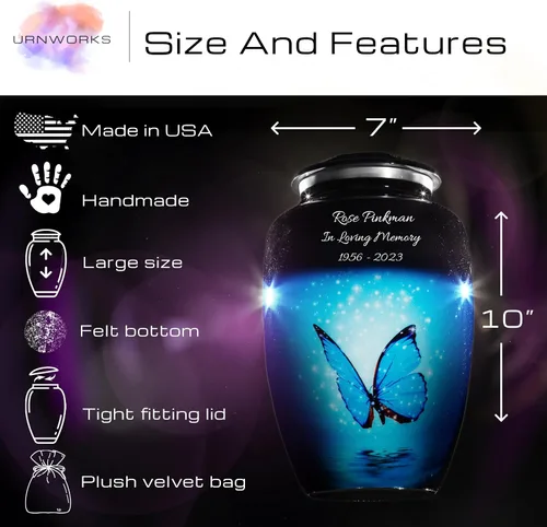 Vista 3 de Urna de cremación de mariposa azul para cenizas humanas, homenaje conmemorativo personalizado en azul brillante, nombre y fechas personalizados