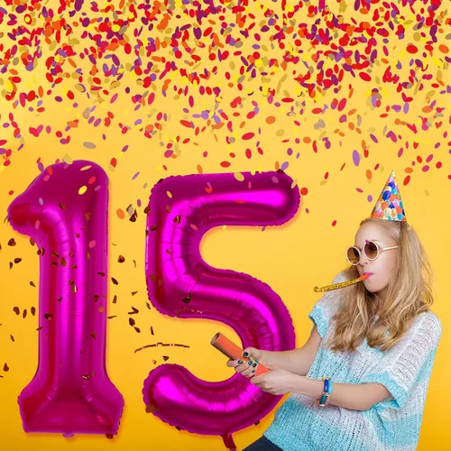 Vista 2 de Globo rosa intenso de 40 pulgadas con el número 15, decoraciones de globos de cumpleaños de 15 para niñas
