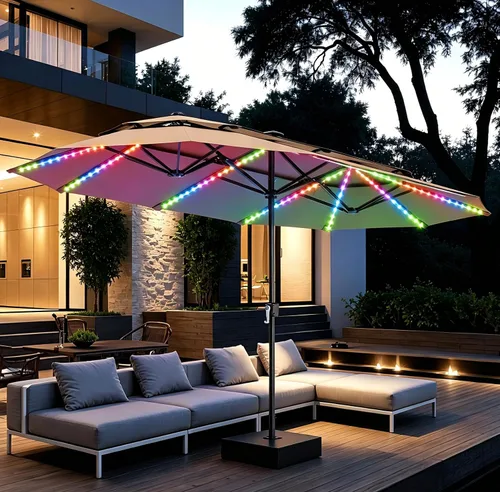 Vista 19 de PHI VILLA Sombrillas para patio al aire libre de 13 pies con base incluida, sombrilla rectangular de doble cara de 2 niveles para exteriores