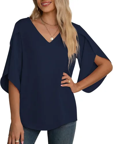 Vista 46 de Blusas de gasa con mangas 3/4 arrugadas de otoño para mujer de Jouica 01amy Verde
