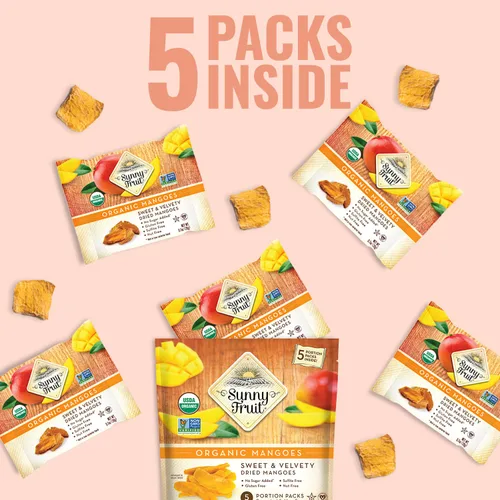 Vista 6 de Sunny Fruit Mangos secos orgánicos suaves – 1 bolsa (5 paquetes de porciones individuales) Sin conservantes, sulfuros o azúcar añadido Paquetes