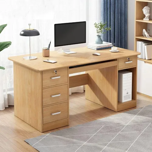 Vista 4 de Escritorio contemporáneo para computadora, escritorio rectangular de oficina con cajones, banco de trabajo de oficina, escritorio individual