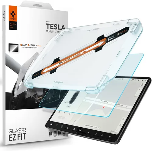 Vista 9 de Spigen Protector de pantalla transparente para el modelo 3 (2017-2023), modelo Y (2021-2025) 9H+ Tempered Glass, Glas.tR EZ FIT, Auto align tray