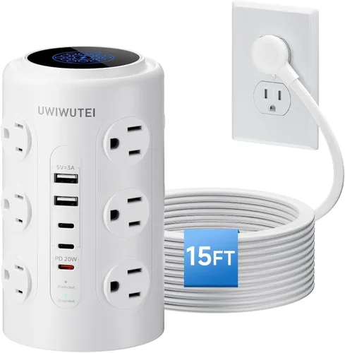 Vista 10 de Regleta de alimentación con protector de sobretensiones de torre (16 salidas de CA + 5 puertos USB incluyendo 2 tipos C), cable de extensión de 5