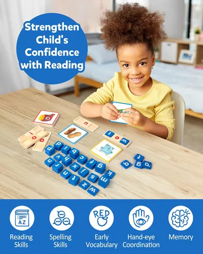 Vista 5 de Coogam - Juguete educativo Montessori, cartas didácticas de clasificación de letras de lectura de vocales cortas, rompecabezas del alfabeto, juego