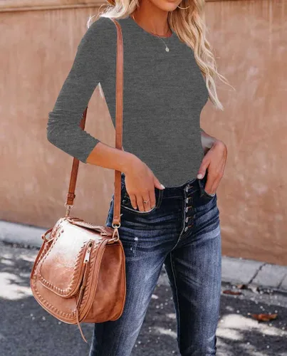Vista 4 de REVETRO Camisetas de cuello redondo para mujer, manga larga, ajustadas, para invierno, básicas