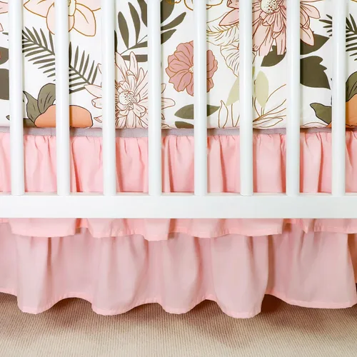 Vista 5 de Juego de ropa de cama de cuna de 4 piezas para niñas, juego de ropa de cama rosa para bebé niña con falda de cuna súper suave, edredón reversible