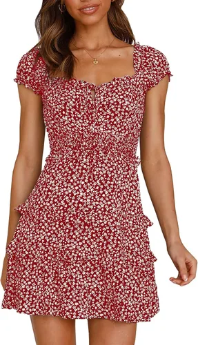 Vista 4 de YOBECHO Vestido corto de playa con cuello corazón y cintura alta con estampado floral para mujer