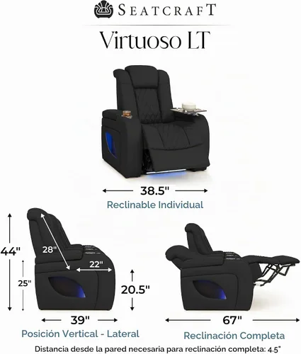 Vista 2 de Seatcraft Asientos de cine en casa Virtuoso LT negro reclinable individual