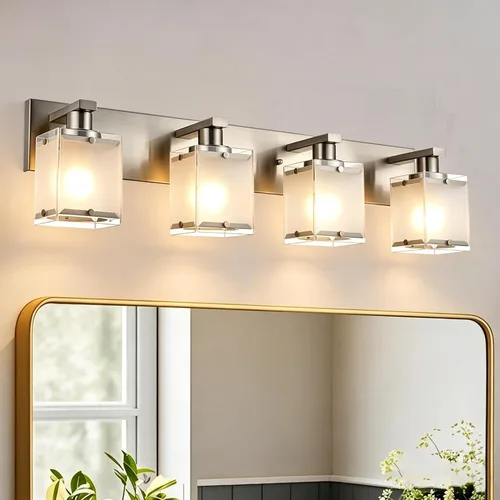 Vista 11 de Lámparas de tocador de baño de 3 luces, modernas luces de tocador con pantalla de vidrio transparente, lámpara de pared de níquel cepillado
