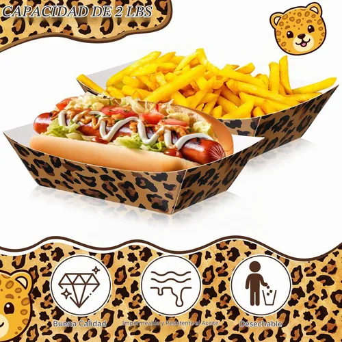 Vista 3 de Yinkin 100 bandejas de comida de papel con estampado de leopardo de 2