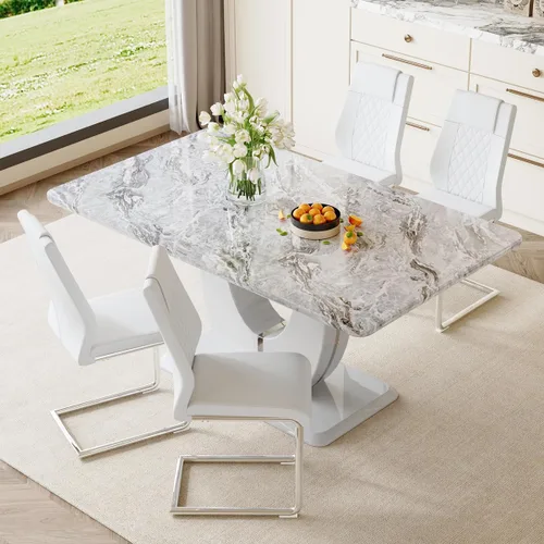 Vista 31 de JUFU Juego de mesa de comedor moderno para 4, juego de mesa de cocina rectangular de 63 pulgadas con mesa de mármol sintético y 4 sillas tapizadas
