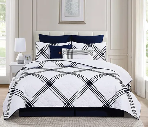 Vista 2 de C&F Home Davey Blue - Juego de edredón de 3 piezas tamaño King, estampado de cruces azules, cabaña, rústico, 100% algodón, ligero, lavable a