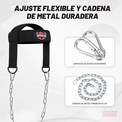 Vista 2 de Fightsense Arnés para el cuello con correa acolchada ajustable con cadena de acero, arnés de cabeza de levantamiento de pesas para ejercicio