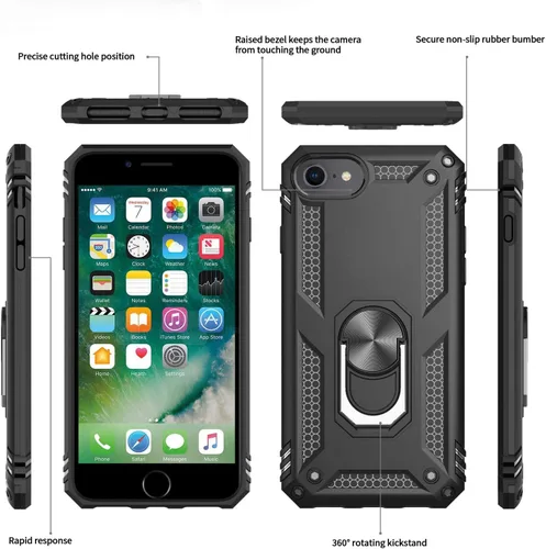 Vista 2 de LeYi Funda para iPhone SE 2022/2020 con [2 unidades] protector de pantalla de vidrio templado, cubierta de grado militar con soporte de anillo Negro