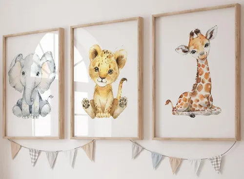 Vista 9 de Safari Animals - Juego de 3 impresiones artísticas de pared sin marco, carteles de animales grises con pajarita azul, elefante jirafa león, póster