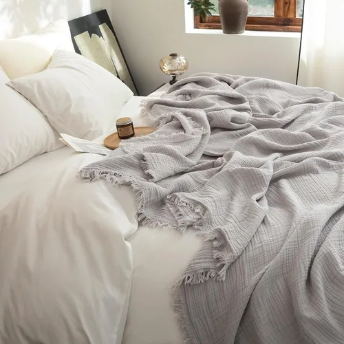 Vista 73 de FOSSA Manta de Muselina con Flecos - Gasa de Algodón 100% de 4 Capas Súper Suave y Transpirable - Manta Decorativa Ligera y Refrescante para Cama