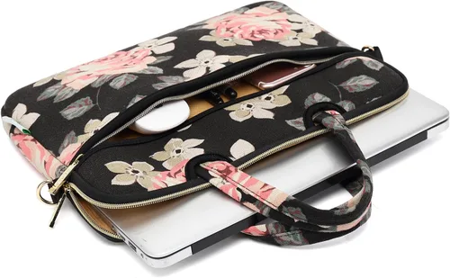 Vista 6 de Kayond - Bolsa de hombro impermeable para laptop con patrón de rosas negras resistente al agua, funda para laptop de 12 y 13 pulgadas Negro Rosado