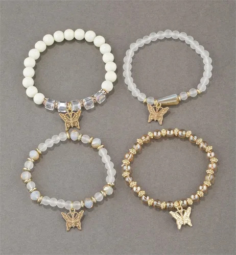 Vista 4 de Fuqimanman2020 Juego de 4 pulseras elásticas apilables con cuentas de oro con dije de mariposa de cristal y coloridas pulseras elásticas