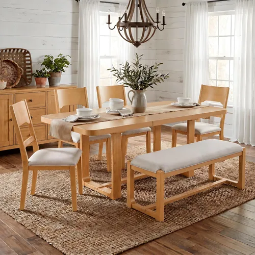 Vista 14 de Juego de mesa retro de comedor de cocina de 7 piezas, mesa extensible de madera maciza de 60 a 78 pulgadas con hojas extraíbles y 6 sillas