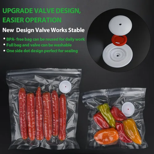 Vista 6 de 20 bolsas selladoras al vacío para alimentos, bolsas reutilizables con cremallera al vacío sin BPA con válvula de aire mejorada, bolsas