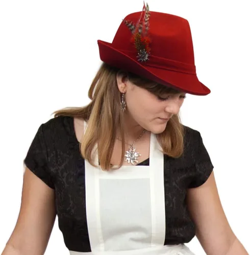 Vista 4 de Essence of Europe Gifts E.H.G Oktoberfest Haus German Hunter Green Faux Leather Fedora with Metal Edelweiss Pin Feather Hat