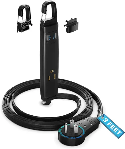 Vista 13 de Maximm Cable de extensión de 1 pie con puertos USB, enchufe plano giratorio 360, 3 salidas (2 puertos USB), conectado a tierra (negro)