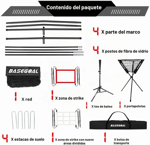 Vista 7 de BaseGoal - Red de práctica de 213 centímetros x 213 centímetros para béisbol y sóftbol, protector de béisbol, con bate de bateo, carro de pelotas