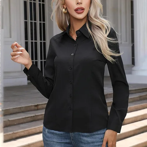 Vista 2 de Womens Button Down Shirts Collared Long Sleeve Solid Color Dressy Blouses Business Casual Office Work Tops