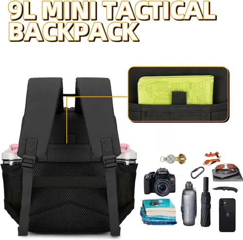 Vista 6 de Mini mochila táctica de 9L para hombres y mujeres, mochila táctica pequeña para senderismo, bolsa táctica pequeña, paquete de fitness, Negro