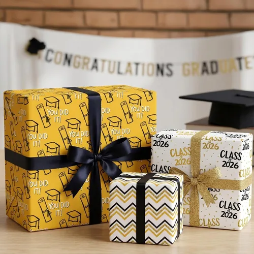 Vista 4 de WAPLIGHAL Papel de regalo de graduación para clase de 2026 – Gorras de graduación, diplomas, estrellas y lo hiciste en negro, color dorado, papel