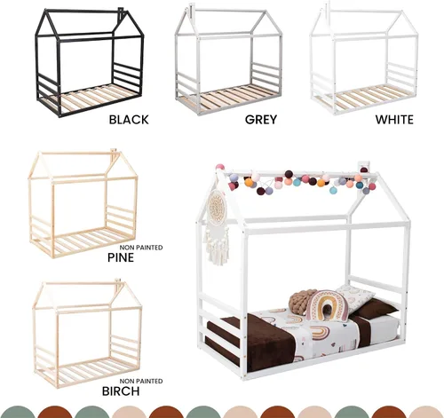 Vista 8 de Cama Montessori, Marco de cama de casa para niños pequeños tamaño individual de EE. UU., Marco de cama Montessori piso, Cama con dosel con listones